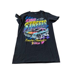Women's Size Small Black Graphic Print T Shirt Y2K Bright Cars Streetwear 90s